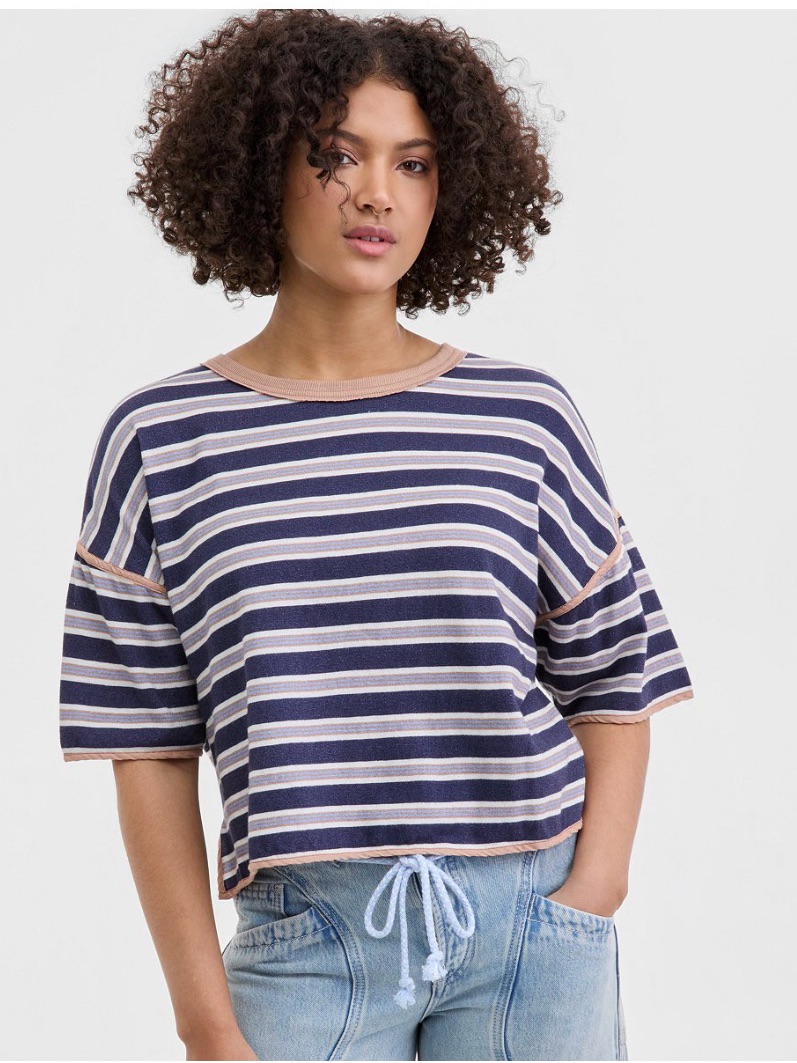 We The Free Navy, Cream & Tan Striped Boxy Short Sleeve Tee